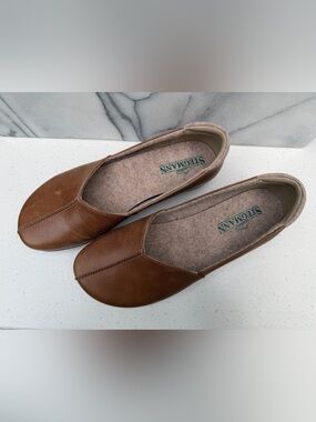 Stegmann Liesl Leather Skimmers Tan Cork Heel Slip-on Comfort size 9.5 NWOT